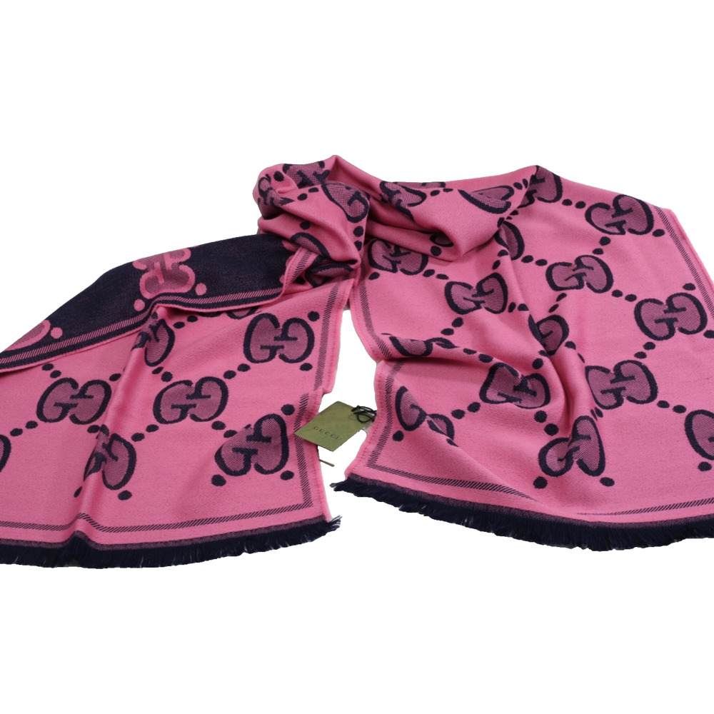 GUCCI Wool GG Monogram Scarf Salmon Pink Lady Nest Lux Designer Wrap Italy - Picture 11 of 16